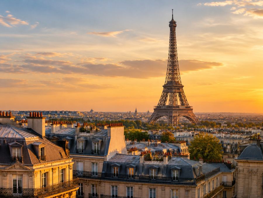 La tour Eiffel et les toits de Paris au coucher du soleil