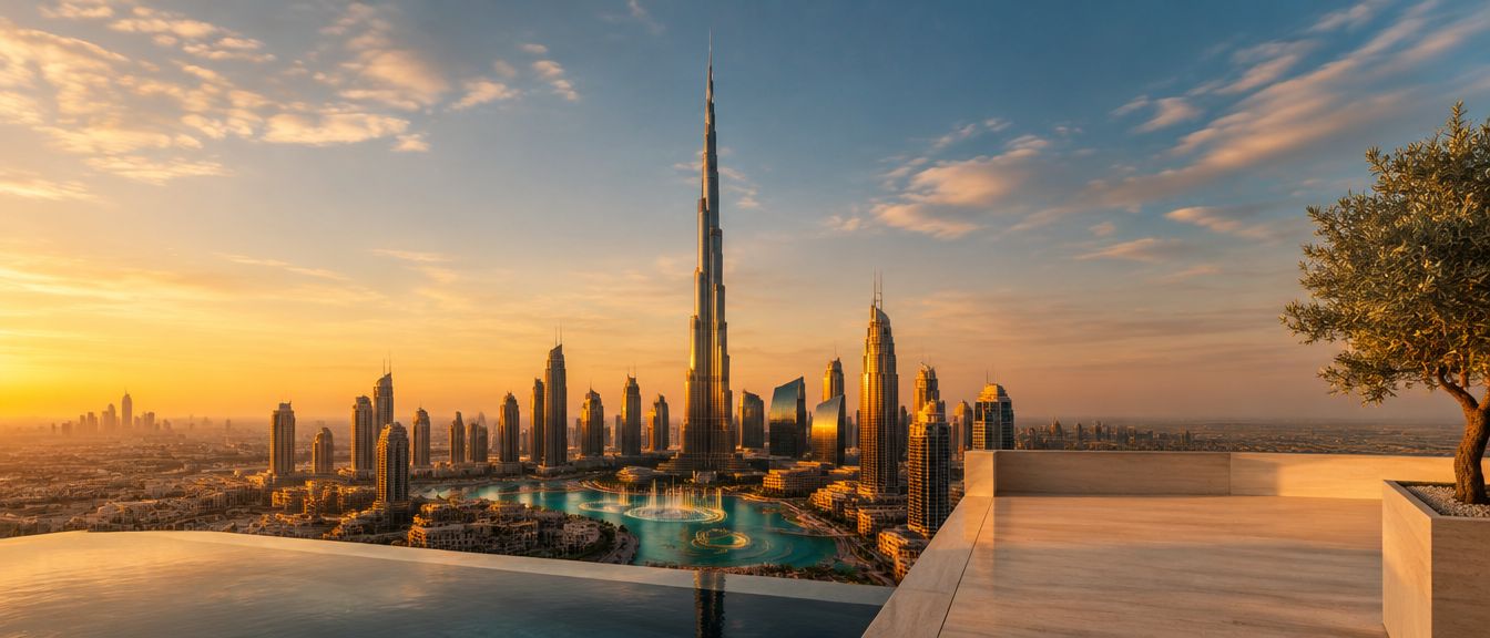 Le Burj Khalifa et Downtown Dubaï au coucher du soleil, vus depuis une terrasse
